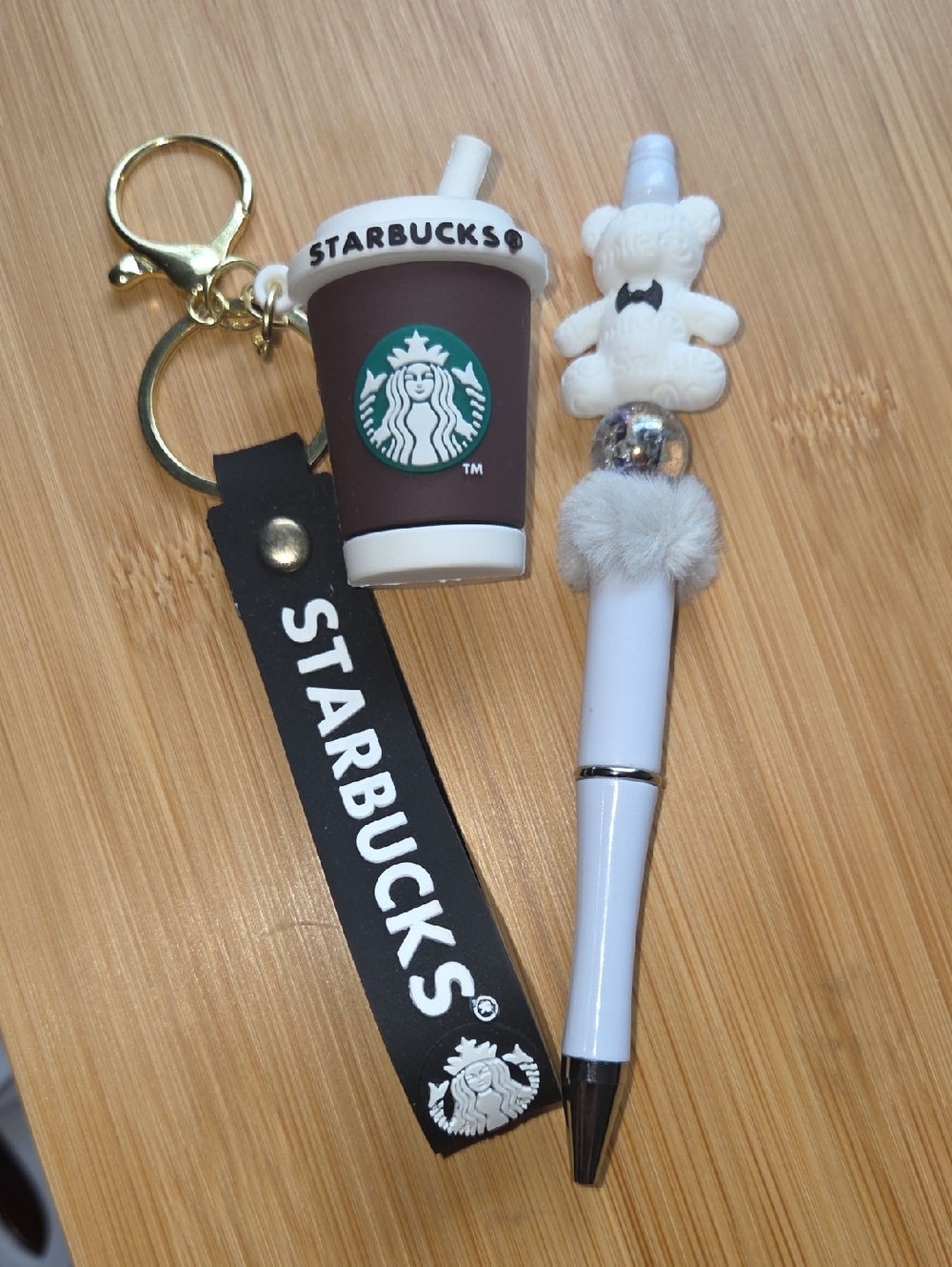 Starbucks Brown Cup Keychain with a Matching White Teddybear Beaded Charm Pen.